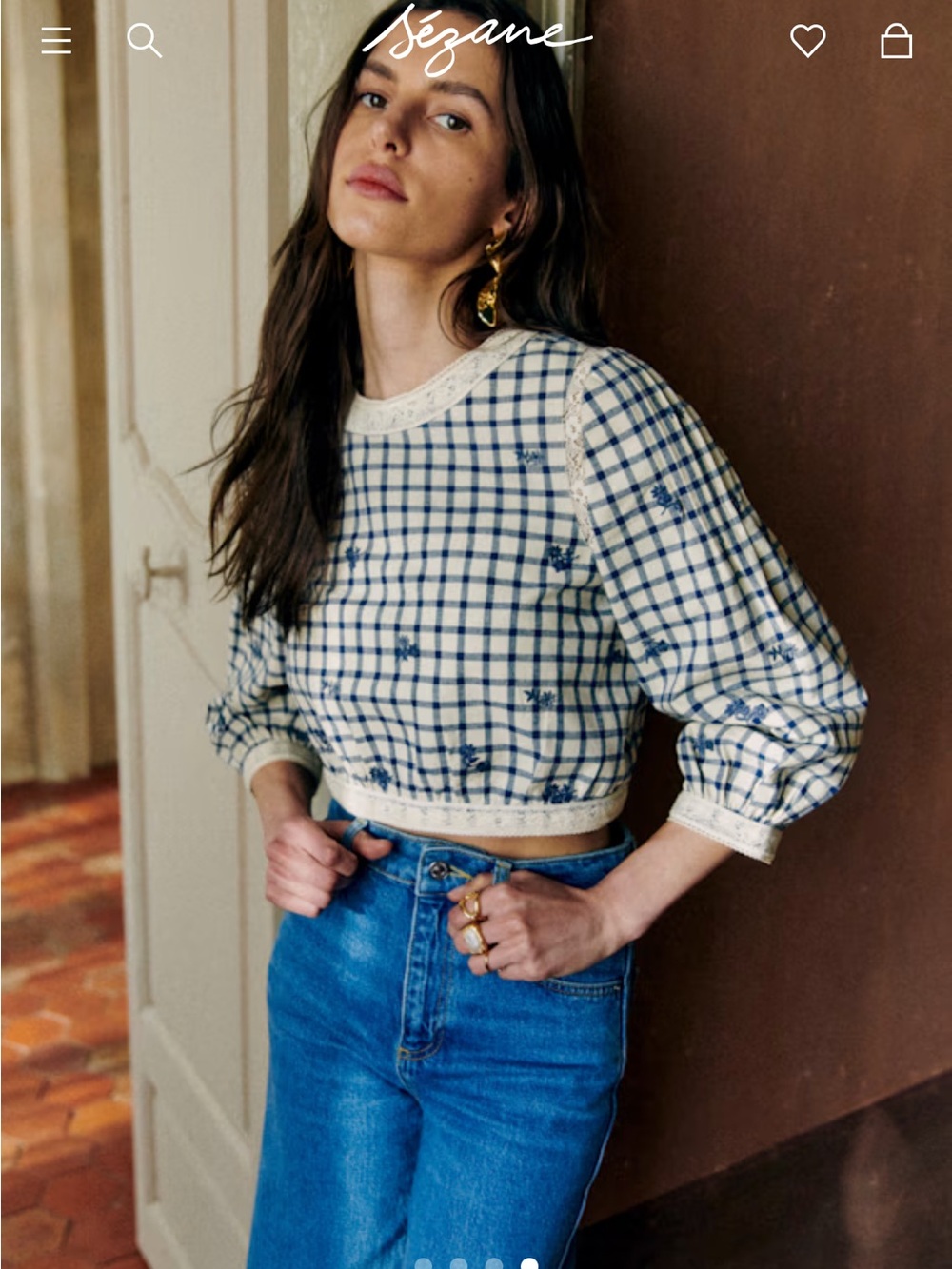 🌼Sezane THALYNA BLOUSE in Blue Gingham Cropped Puff-Sleeve Top